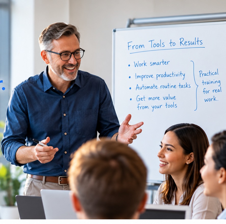 An instructor leads a small-group training session, explaining points on a whiteboard to engaged participants